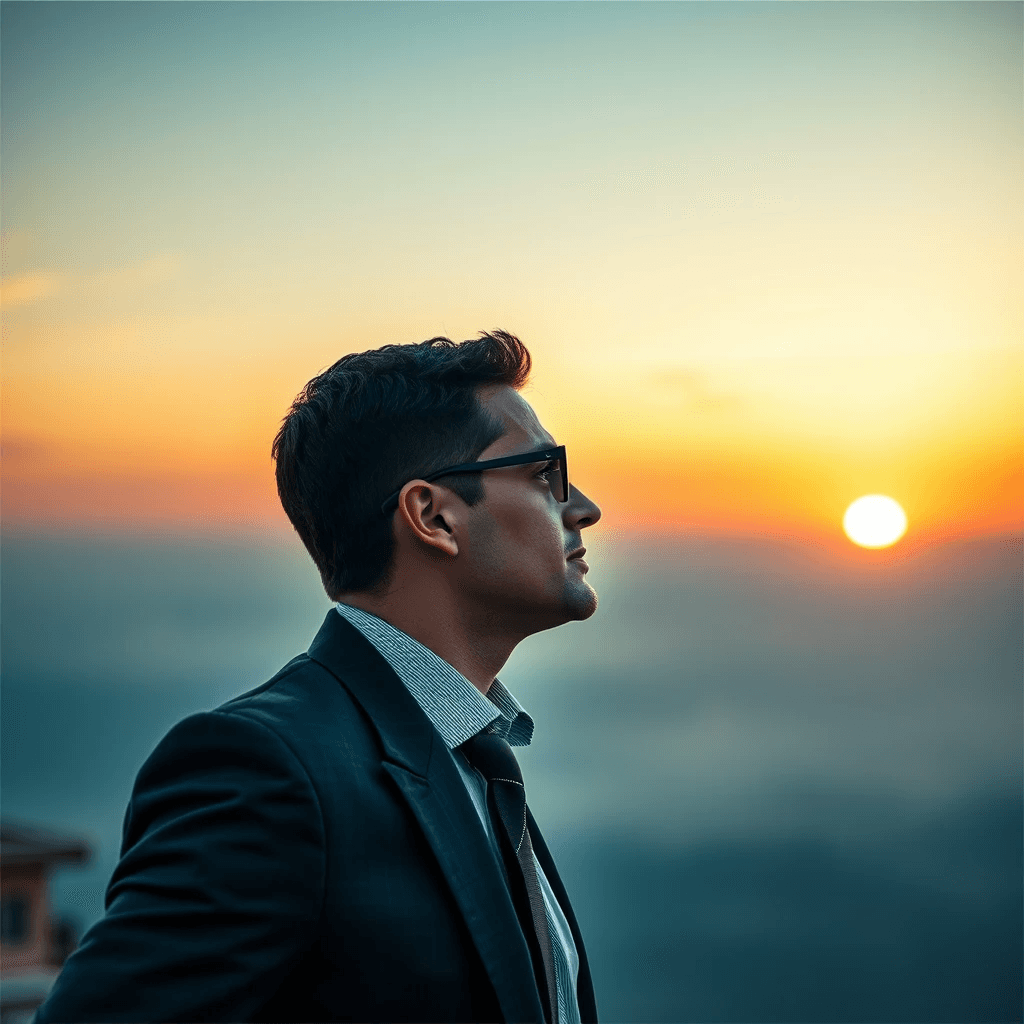 Distribuidor HGW con traje y corbata mirando al sol, decide ser un profesional