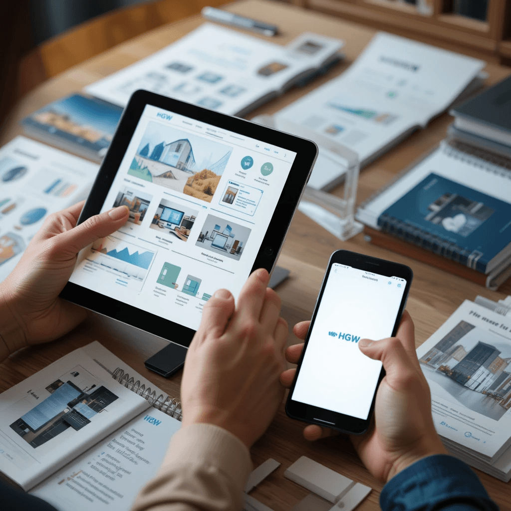 Manos enseñando Tablet y móvil como herramientas de trabajo